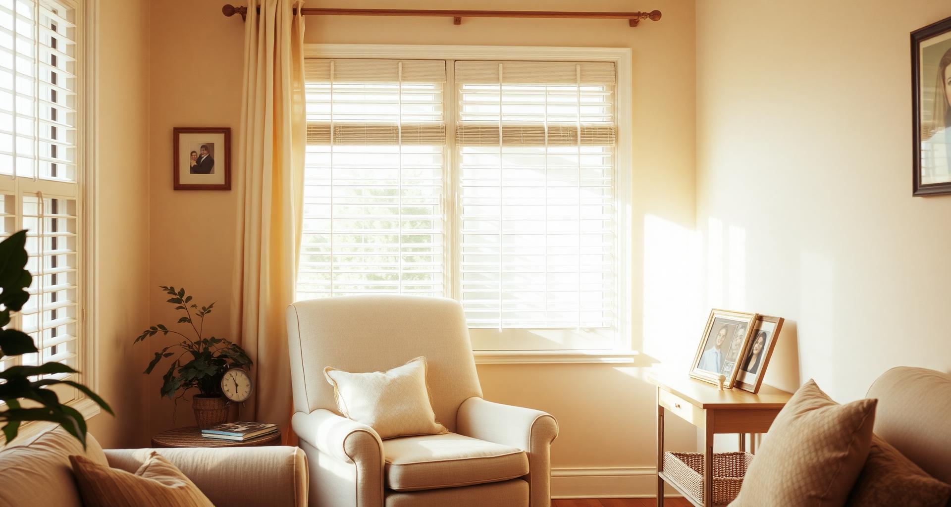 Warm sunlit reading nook with family photos