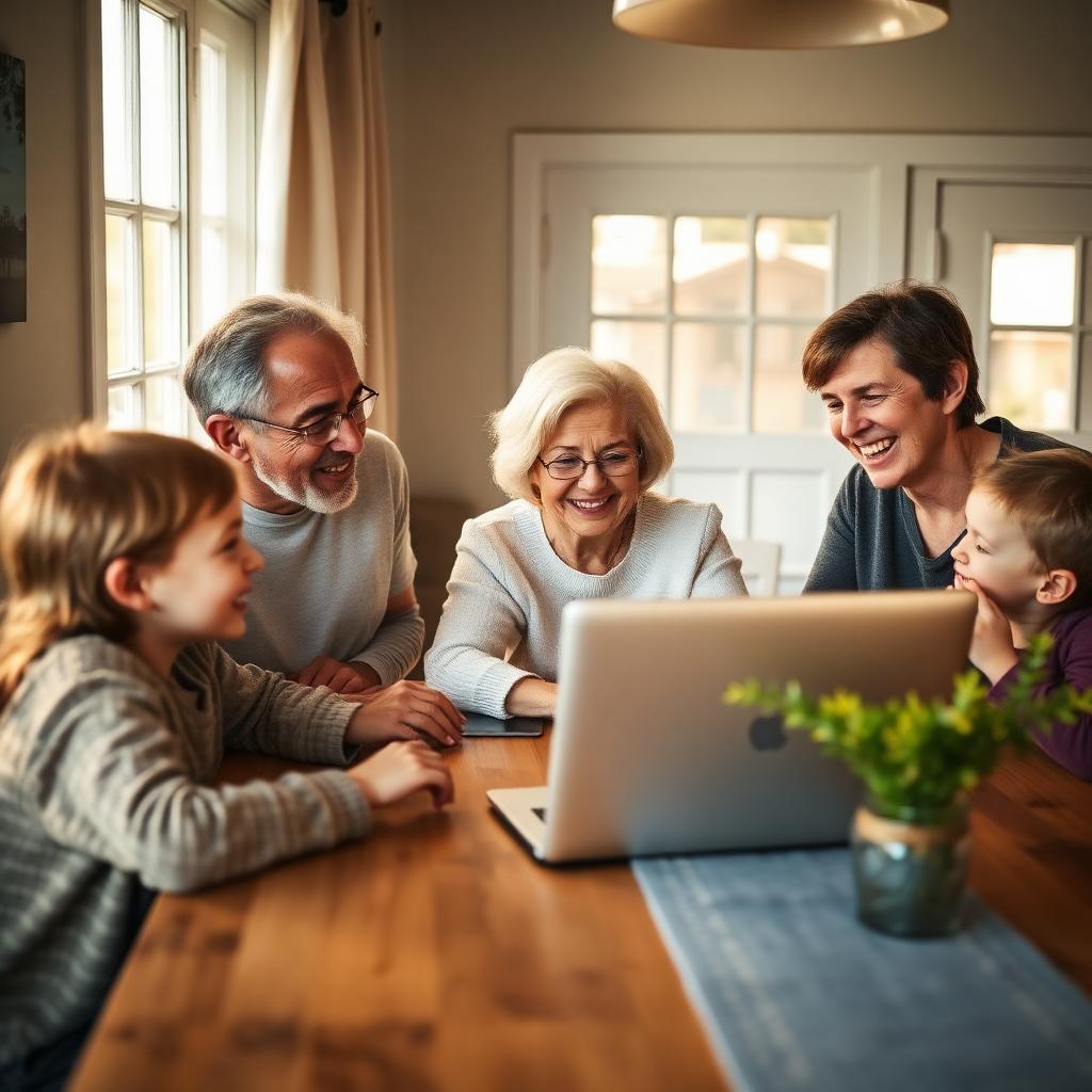 Multigenerational family around a laptop